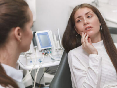 Young woman holding her cheek as she waits to see the emergency dentist.