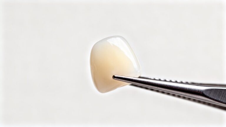 Thin porcelain veneer held in dental tweezers